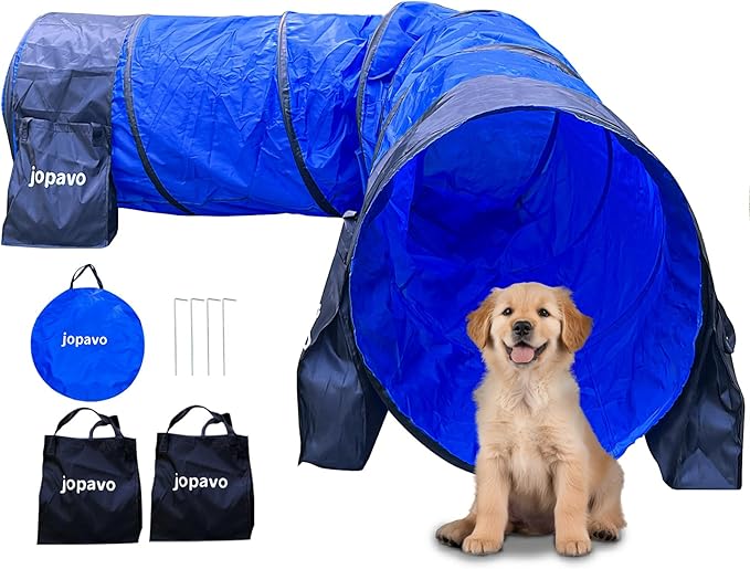 Dog Agility Training Equipment Tunnel:JOPAVO 10 Foot Agility Tunnel with 2 Pack Sandbags, Carry Bag and 4 Ground Spikes.Ideal Agility Equipment for Dog Obstacle Course,Exercise&Park