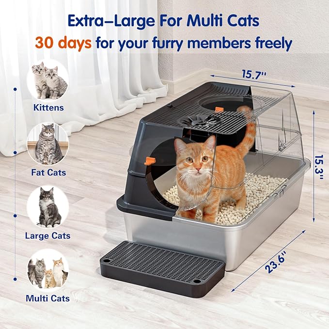 Stainless Steel Litter Box with Lid, XL Extra Large Cat Litter Box Enclosure, Front & Top Entry Covered Metal Cat Box with Steps & Scoop, Easy Cleaning