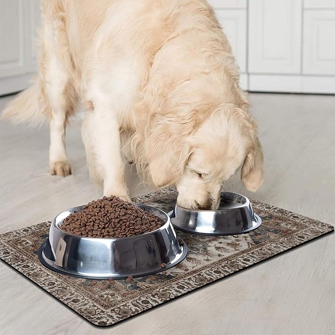Dog Food Mats for Floors, Absorbent and Quick-Drying Pet Cat Food Mat,Anti-Fouling and Easy-to-Clean Pet Feeding Mat,Dog Bowl Mat for Messy Drinking Water Bowls.12 x20, Bohemia Style