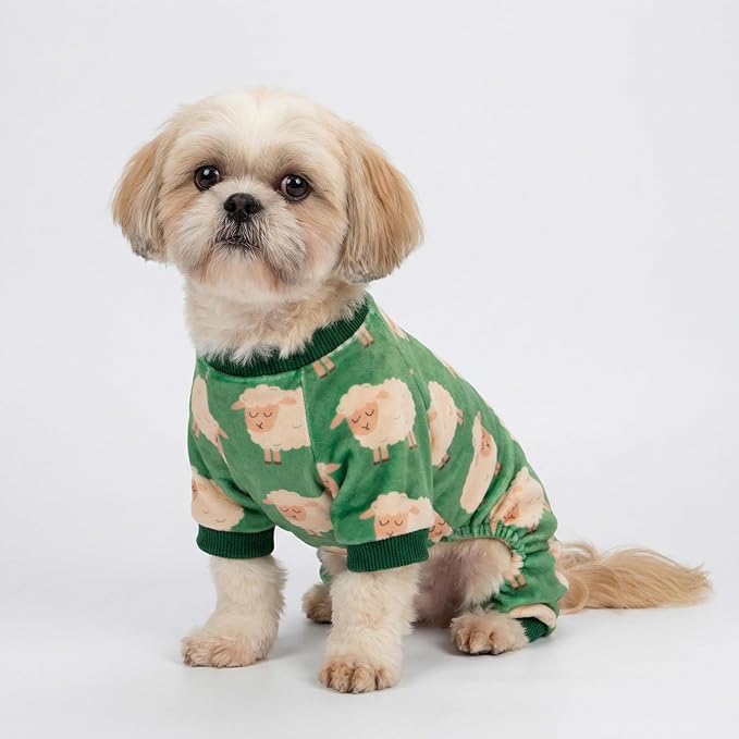 Fitwarm Funny Sheep Dog Pajamas, Warm Winter Dog Clothes for Small Dogs Boy Girl, Cozy Pet Onesie with Feet, Green, White, Medium