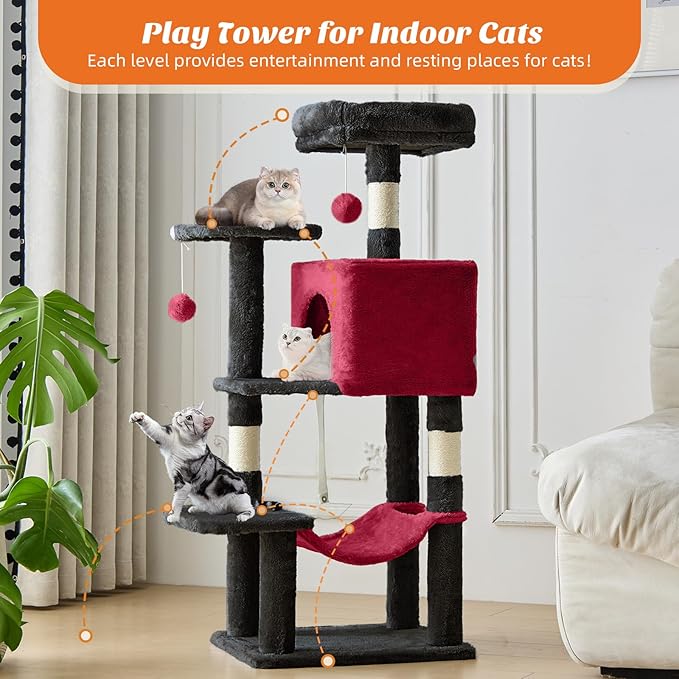 Sweetcrispy 44 inch Cat Tree Tower, Small Cat Climbing Tower with Condo, Natural Sisal Scratching Posts, Extended Platform, Hammock, Pet House for Indoor Cats and Kittens Play, Black and Red