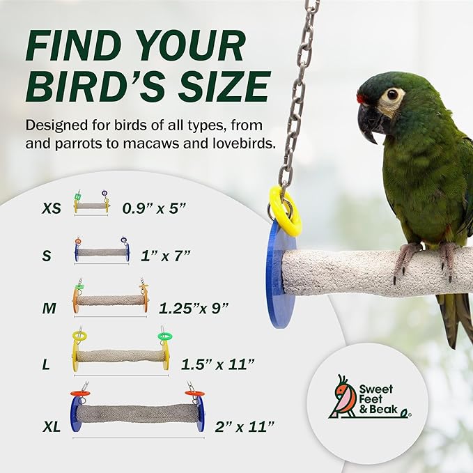Sweet Feet and Beak Roll Bird Swing - Pumice Perch Bird Toys Trims Nails and Beaks, Safe and Non-Toxic Bird Cage Accessories for Small and Large Birds, Swinging Toys Birds Will Love, Large 10.5 Inches