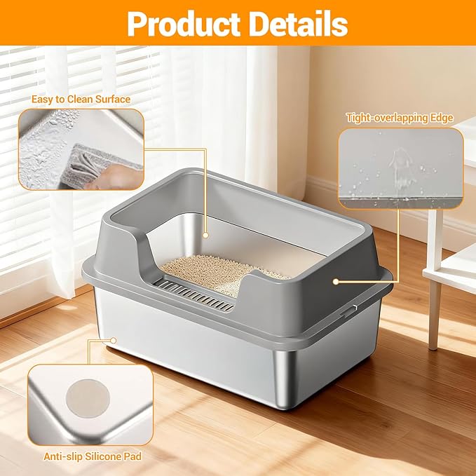 Stainless Steel Litter Box, XL Enclosed Cat Litter Boxes with Lid for Big Cats and Multi-Cats, High Sided, Anti-Urine Leakage Non-Stick Bottom Include Scoop Easy to Clean