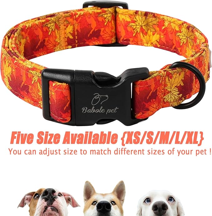 Fall Dog Collar, Gold Maple Leaves Pattern Fall Thansgiving Puppy Collar, Soft Adjustable Cotton Holiday Dog Collars for Small Medium Large Boy&Girl Dogs M