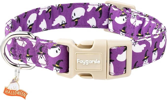 Faygarsle Halloween Dog Collar with Charm, Purple with Ghost Pattern, Adjustable Pet Collar for Small Medium Large Dogs S