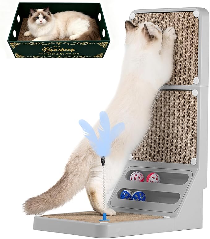 Cat Scratching Post Cat Scratching Board,2-in1 L Shaped Cats Cardboard Scratcher with Box, Kitten Scratcher Ball Wall Scratchers Pad for Indoor Cats Grey