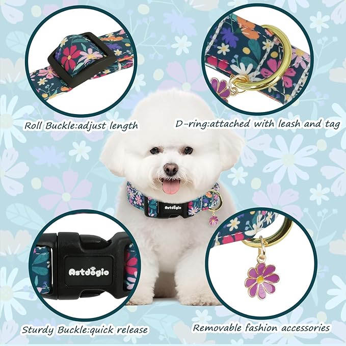 Dog Collar for Large Dogs, Spring Dark Green Dog Collars with Flowers Pattern, Adjustable Cotton Dog Collars, Cute Girl or Boy Dog Collar Ideal for Gifts,Pet Accessory