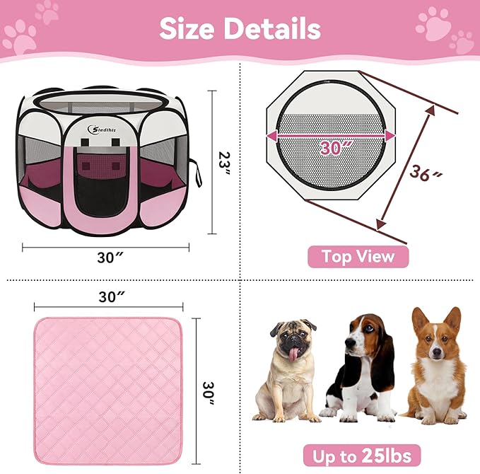 Dog Cat Playpen, Puppy Pet Playpen Indoor for Dog Crate Tent Cage Outdoor, Portable Pop Up Dogs Enclosure Kennel with Carrying Case for Dogs/Cats/Rabbits (Pink with Pad, Medium)