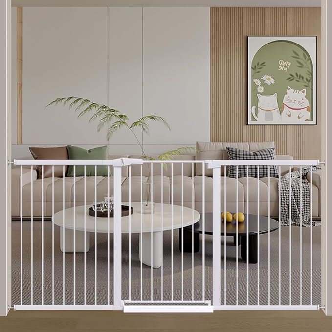Fairy Baby 38" Extra Tall Baby Gate for Stairs, 76.4"-81.8" Extra Wide Large Pet Gate for Doorways, Metal Pressure Mounted Auto Close Safety Child Dog Gate Indoor for Toddler Kids or Pets, White