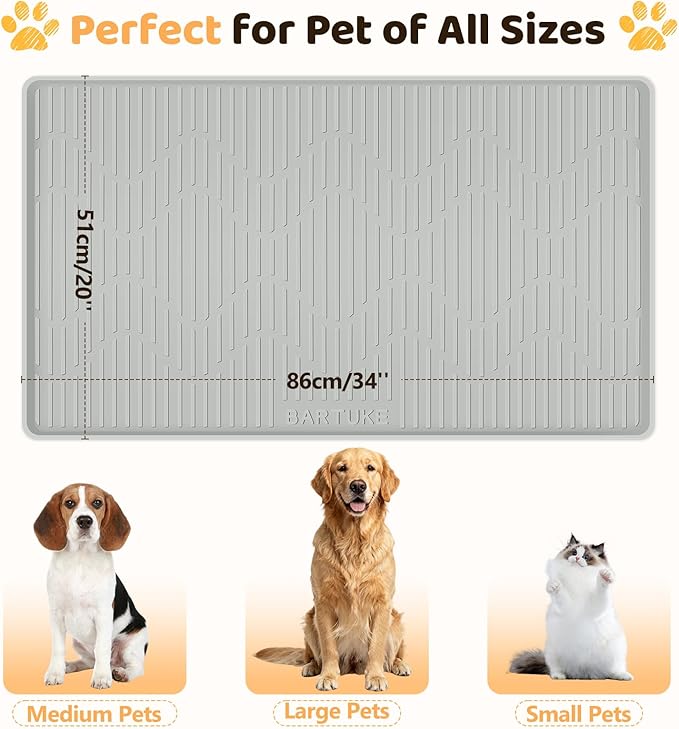 Silicone Cat & Dog Food Mat, 34" x 20" Large Pet Feeding Mat for Cats and Dogs Bowl, Pet Placemat for Food and Water with Raised Edge, Waterproof, Leakproof (Grey)