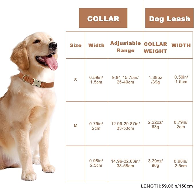 Genuine Leather Dog Collar - Adjustable Pet Collar with Quick Release Metal Buckle, Soft Skin Friendly Real Leather Collar for Small, Medium, Large Dogs (Khaki Collar + Rope, L：Fit 15-23" Neck)
