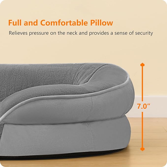 Dwanton Orthopedic Dog Bed for Extra Large Dogs with Gel Memory Foam, Waterproof Dog Sofa, Washable Pet Bed with Four Sided Bolster Cushion, Removable Cover & Non-Slip Bottom, 45", Medium Gray