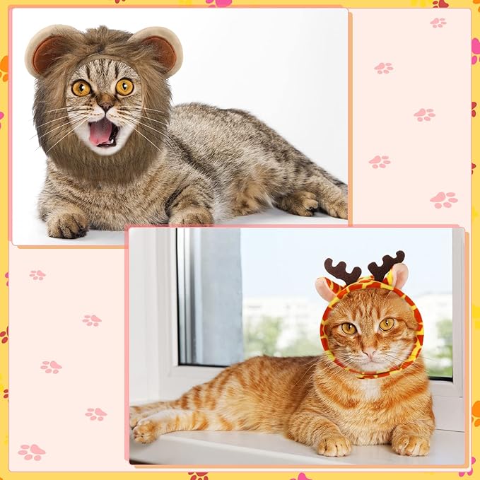 Weewooday 5 Pcs Cat Adorable Costume Bunny Hat with Ears Funny Mane Cat Hat for Pets and Small Dogs Kitten Puppy Party Costume Accessory Headwear(Rabbit, Lion, Leopard, Tiger, Giraffe)