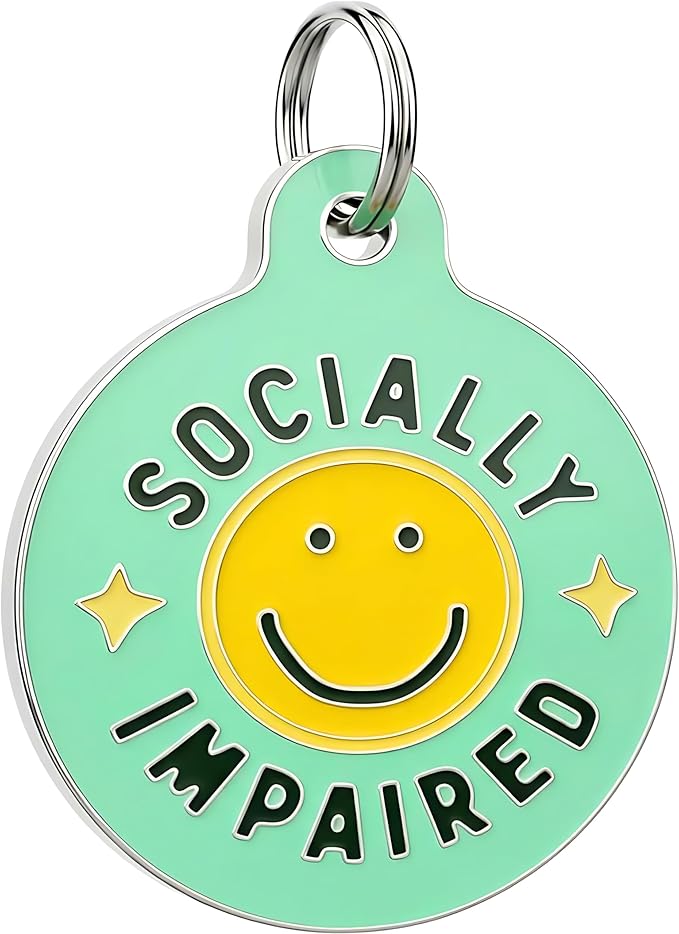 Bad Tags Personalized Dog and Cat ID Tags in 25+ Designs and 2 Sizes - 5 Lines of Custom Engraved Text - Funny Cute Personalized Pet Tags (Socially Impaired, Large (1.25 inch))