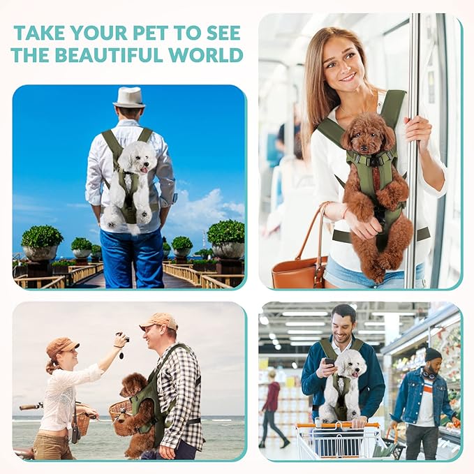 Lukovee Dog Backpack Carrier, Legs Out Easy-fit Dog Front Carrier for Small Medium Dogs, Adjustable Hands Free Dog Chest Carrier for Hiking Cycling (Green,Small)