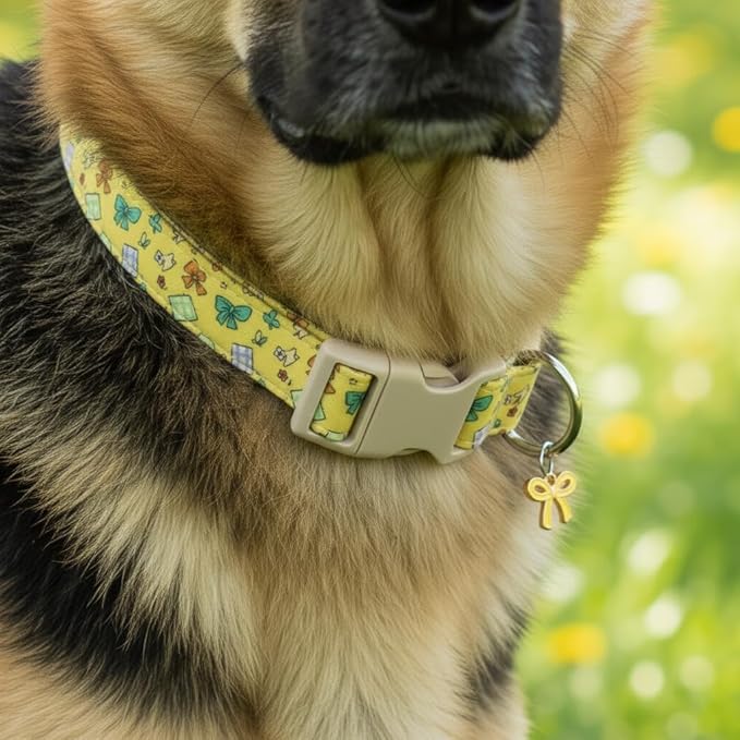 Bow Dog Collar for Large Dogs, Cute Dog Collar with Bow Print and Charm, Pet Collar with Soft Fabric and Quick Release Buckle, Adjustable for Extra Small, Small, Medium & Large Dogs