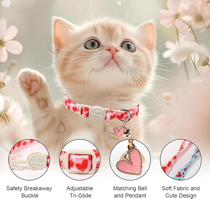 2 Pack Valentines Cat Collars - Valentine Breakaway Cat Collar with Bell, Pink and Red Heart Pendant, Adjustable Kitten Collars for Girl Boy Cats, Cute Red Hearts