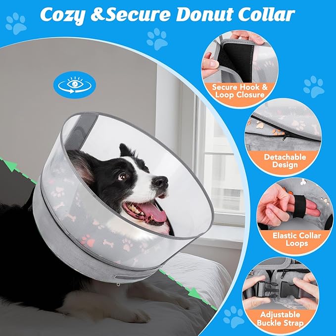 Inflatable Dog Cone with Anti-Licking Clear Shield, Protective Dog Donut Collar After Surgery, Adjustable Soft Recovery Cone for Pets, Alternative Collar with Buckle Strap (Grey Paw, L)