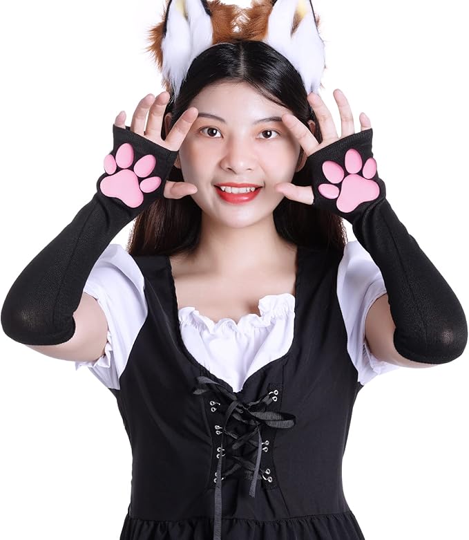 Nydotd Cat Paw Pad Mittens Gloves Kawaii Pink 3D Claw Fingerless Cute Cat Cosplay Gloves Sleeve for Girls Party
