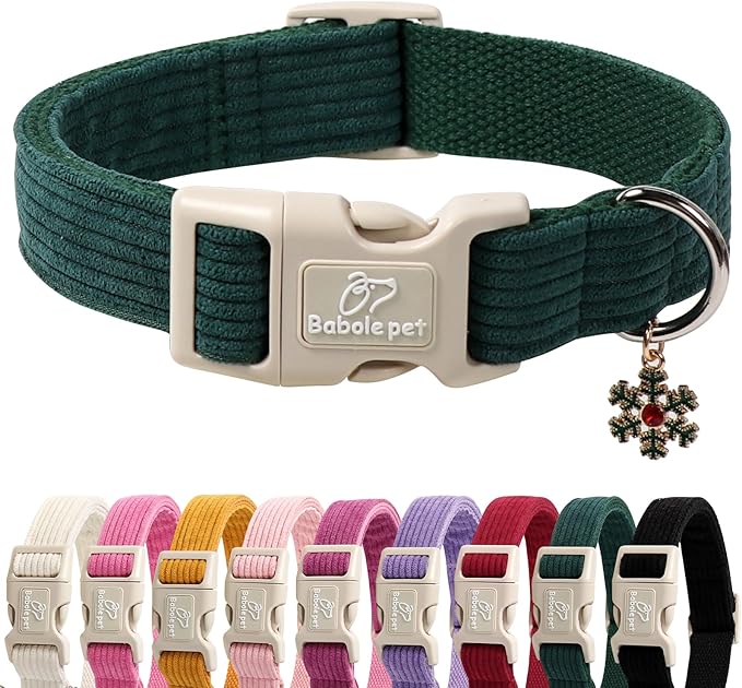 Cute Corduroy Dog Collar - Forest Green Adjustable Dog Collars for X-Small Dogs 4-10lbs, Fade-Proof with Secure Snap & Little Charm, Christmas Birthday Gift, XS