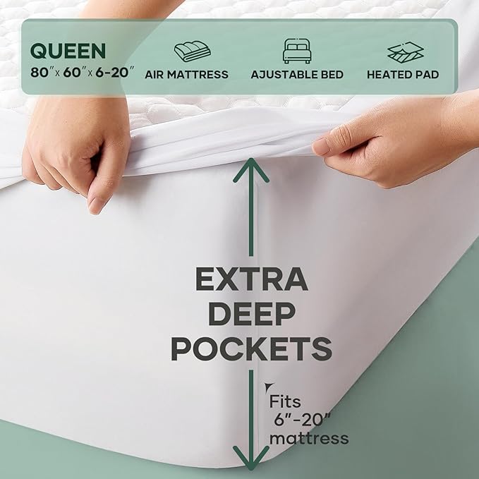 OhGeni 100% Waterproof Mattress Protector, Full-Navy Blue Size Mattress Pad, Fits 6"-20" Mattresses with Deep Pocket, Cooling, Breathable Fitted Sheets, Soft Bed Cover, Noiseless, Machine Washable