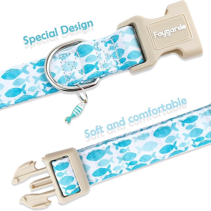 Faygarsle Fish Pattern Dog Collar, Adjustable with Buckle, Blue and White, Summer Design for Small Medium Large Dogs XS