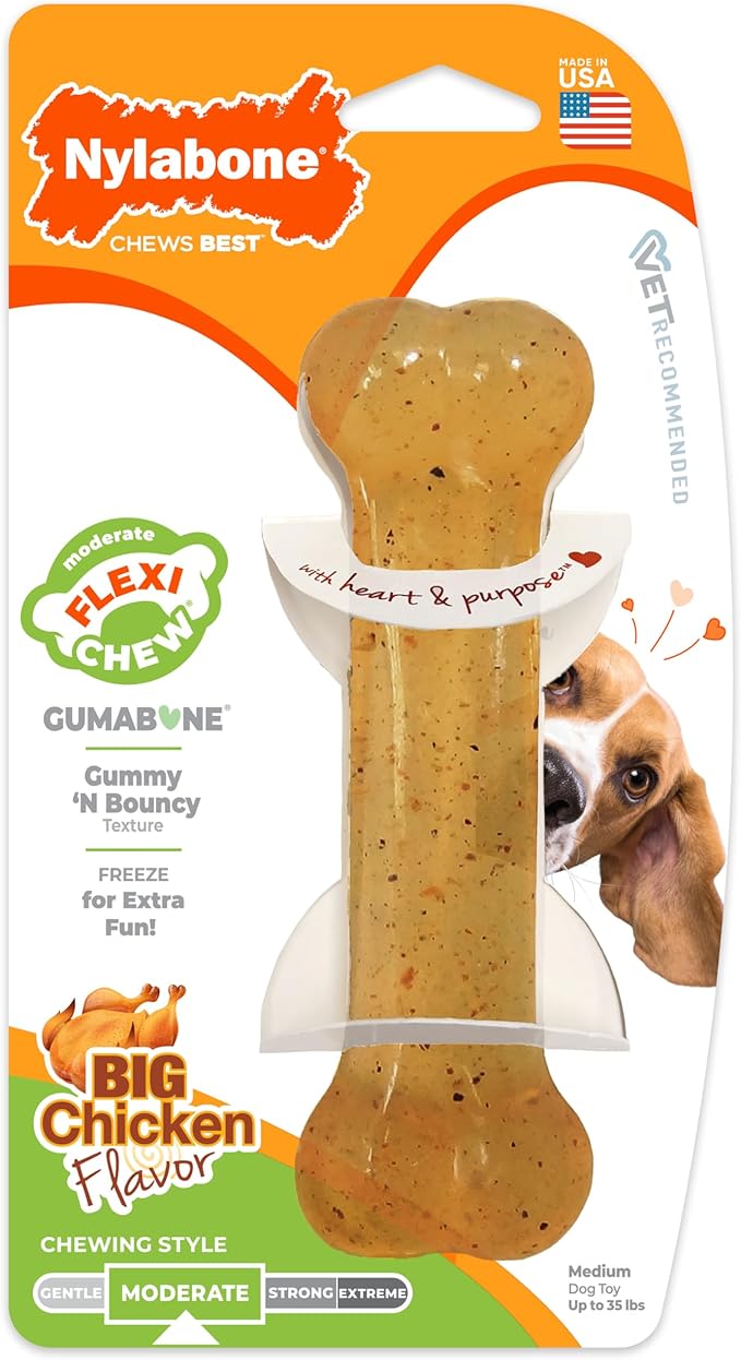 Nylabone Original Bone Flexi Chew Toy for Dogs, Flexible Dog Toys for Moderate Chewers, Chicken Flavor, Medium - Up to 35 lbs, 1 Count