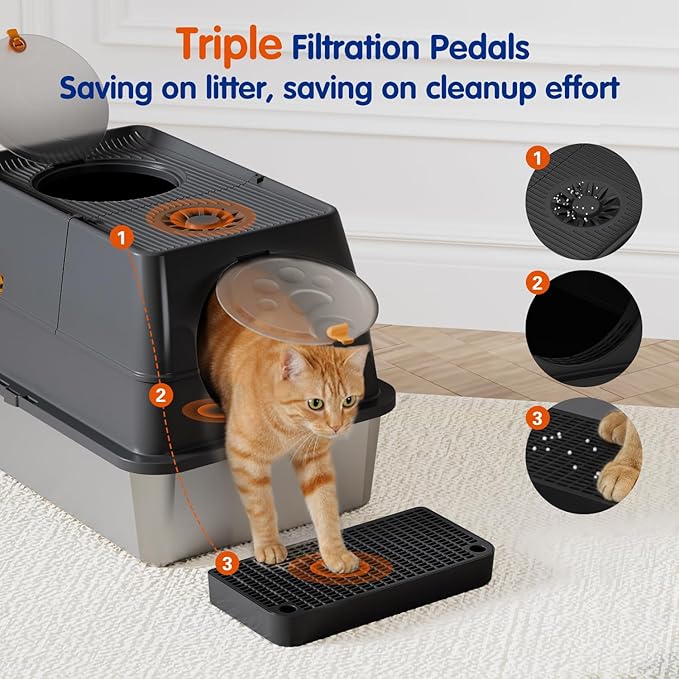 Stainless Steel Litter Box with Lid, XL Extra Large Cat Litter Box Enclosure, Front & Top Entry Covered Metal Cat Box with Steps & Scoop, Easy Cleaning