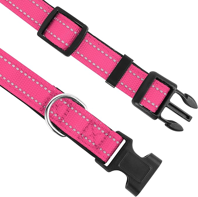 Reflective Dog Collar, Adjustable Soft Neoprene Padded Nylon Pet Collars with Buckle for Extra Large Dogs, Hotpink,XL