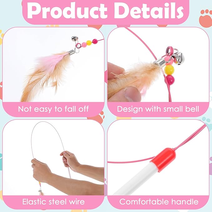 4 Pcs Cat Feather Toys, Cat Toys Wand with Bell Beads Teaser Wire Wand for Cats Chase Exercise Play