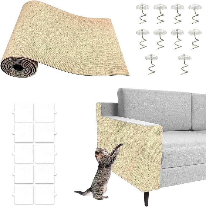 Cat Scratching Mat, 118" x 15.9" Trimmable Self-Adhesive Cat Scratch with 10 Screws 10pcs Adhesive Tape, Furniture Protector, DIY Cats Scratch Mat for Indoor, Wall, Doors, Couch and Cat Tree Shelves