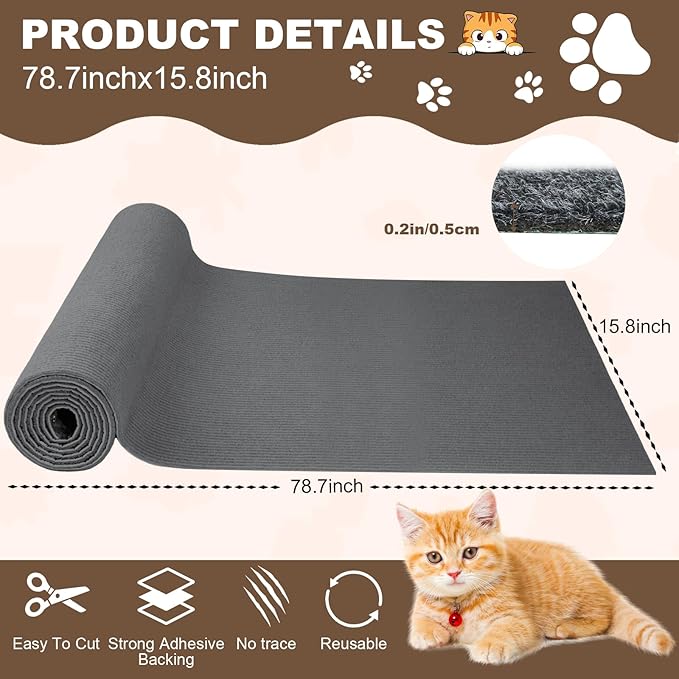 Cat Scratch Furniture Protector, 78.7"x15.8" Cat Scratching Mat, Trimmable Self-Adhesive Cats Claws Scratch Pads, DIY Carpet Mat Replacement for Cats Tree, Cats Wall Shelves, Dark Grey