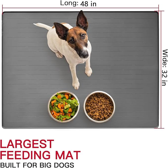 Ultibe Silicone Pet Food Mats - Largest Dog Feeding Tray, Waterproof, 48" x 32", Gray Green