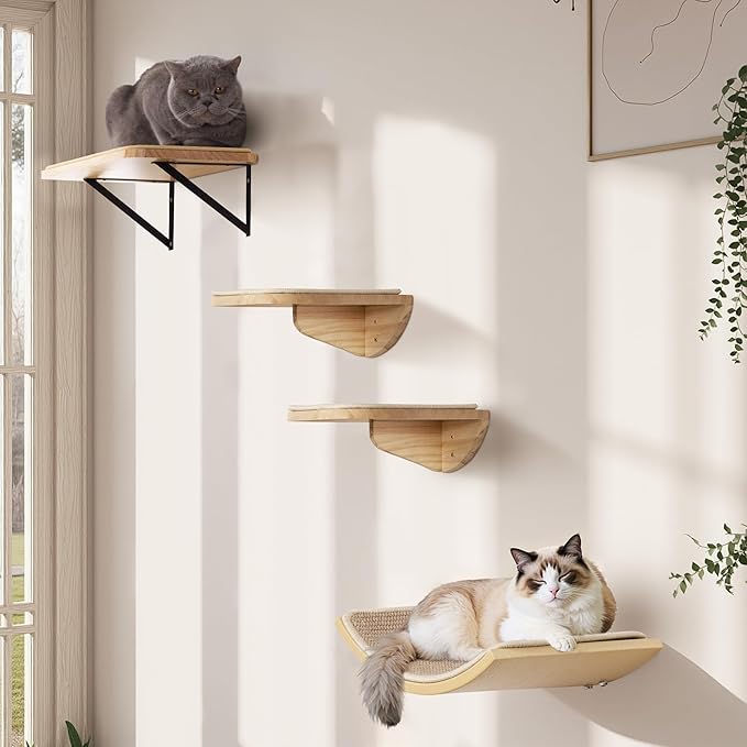 2PCS Cat Wall Shelves with Scratching Mat, 16.6x9.7 Inch Cats Wall Furniture, Solid Pine Wood Kitten Wall Mounted Floating Shelf, Window Perch Hammock for Pets Sleeping, Playing, Climbing