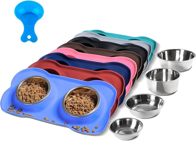Hubulk Pet Dog Bowls 2 Stainless Steel Dog Bowl with No Spill Non-Skid Silicone Mat + Pet Food Scoop Water and Food Feeder Bowls for Feeding Small Medium Large Dogs Cats Puppies (Large, Blue)