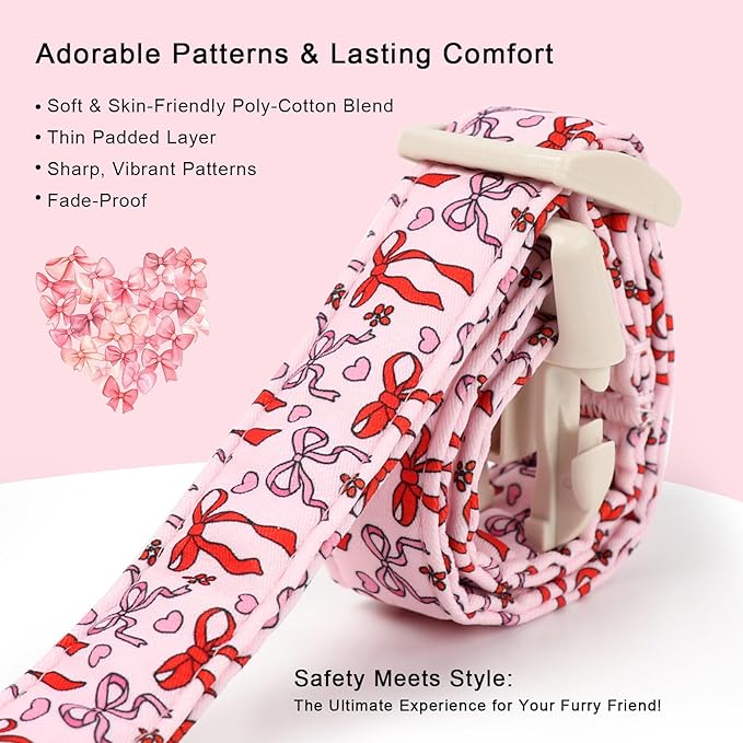Girl Dog Collar for Small Dogs - Cute Heart Bow Print Girly Dog Collars, Soft Adjustable Spring/Summer Holiday Female Dogs Collar with Quick-Release Buckle XS