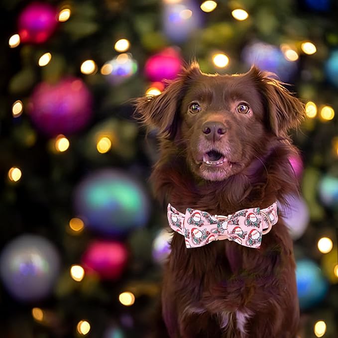 Christmas Dog Collar, Pink Christmas Santa Claus Dog Collar Bow Tie Pet Collars with Bow Adjustable Pet Collars with Premium Metal Buckle Dogs Necklace for X-Large Girl Dogs