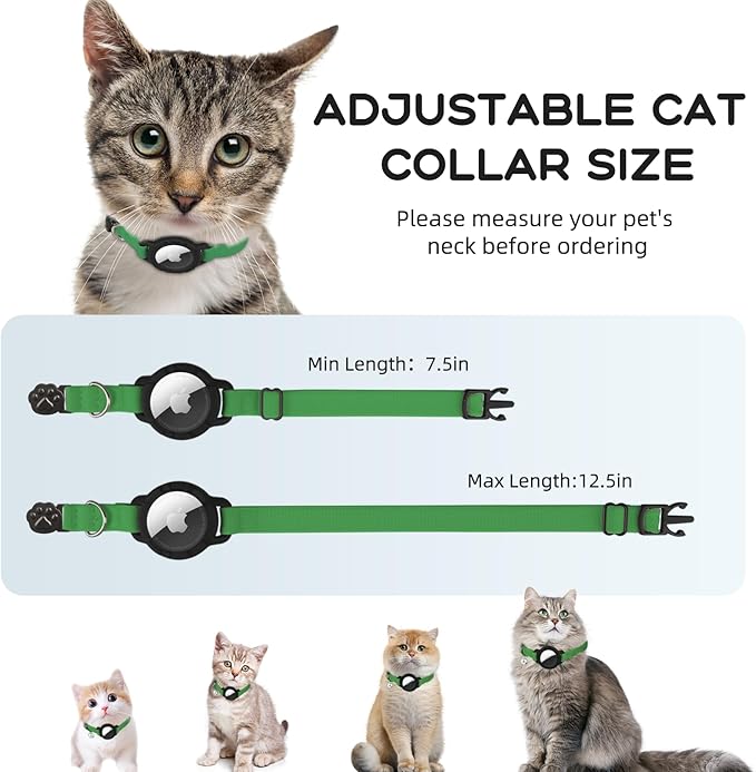 AirTag Cat Collars, Stretchy Collar with Apple AirTag Holder and Bell, Breakaway Ultra Design Elastic GPS Tracking Collars for Cats and Puppies, (7.5-12.5 Inch), Emerald Green