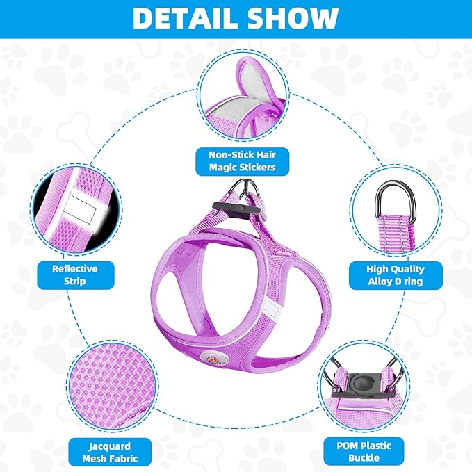 Hipubby Dog Harness and Leash Set, No Pull Soft Mesh Puppy Harness for Small Medium Dogs, Cats - Step in Reflective Breathable Lightweight Vest Harness for Walking, Training - Purple, L