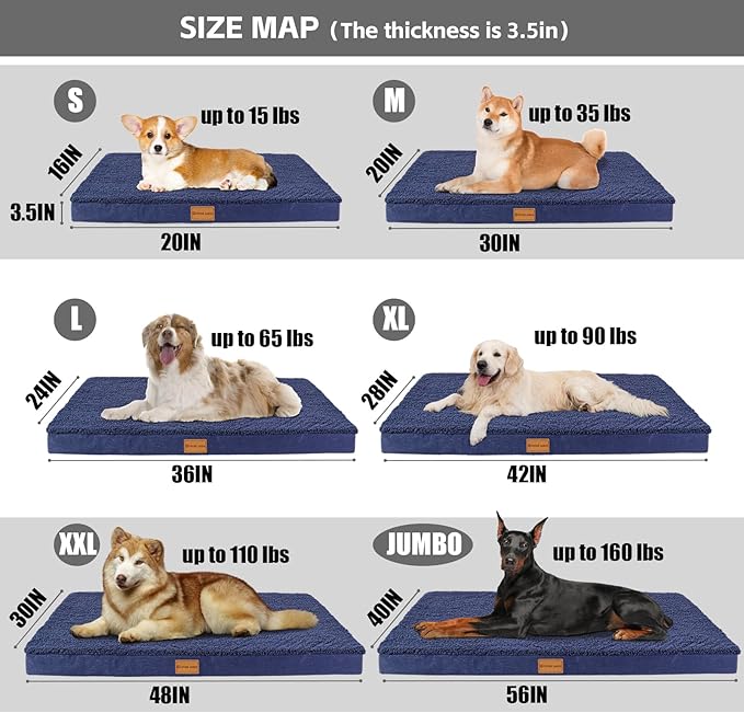 Patas Lague Orthopedic Jumbo Dog Bed for Large Sized Dog 56''X40'', Soft Waterproof Egg Crate Foam Large Pet Crate Beds Mat with Removable Washable Cover and Non-Slip Bottom, Navy Blue