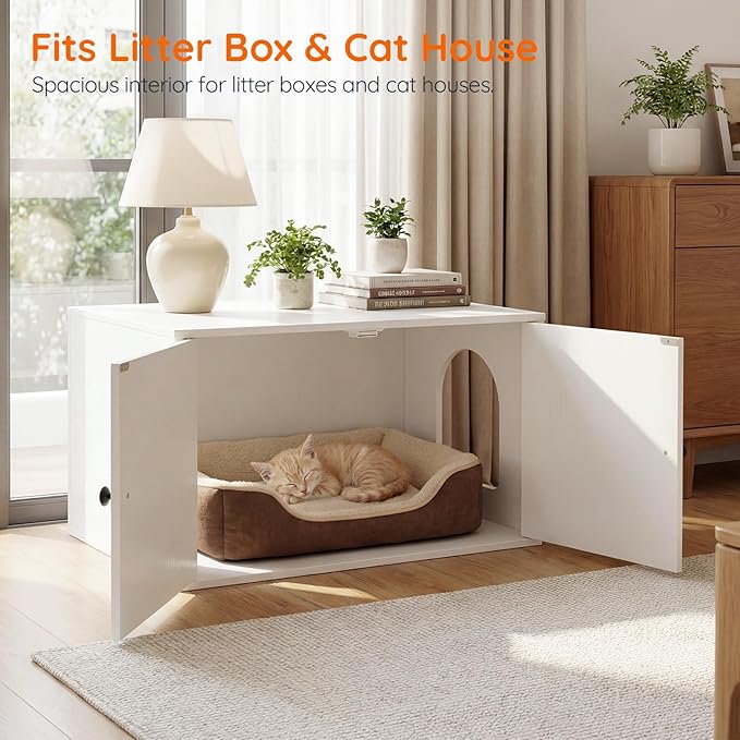 HOOBRO Cat Litter Box Enclosure, Hidden Litter Box Furniture with Side Entry, Litter Box Cabinet, Indoor Cat House, End Side Table, 31.5"L x 17.7"W x 16.3"H, for Living Room, Bathroom, White WT40MW01