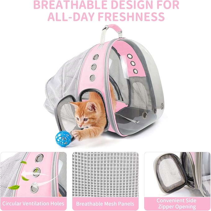 Cat Backpack Carrier, Back Expandable Pet Backpack with Bubble Window, Airline Approved Pet Travel Bag for Small/Medium Cats & Puppies, Hiking, Camping, Outdoor Use (Pink)