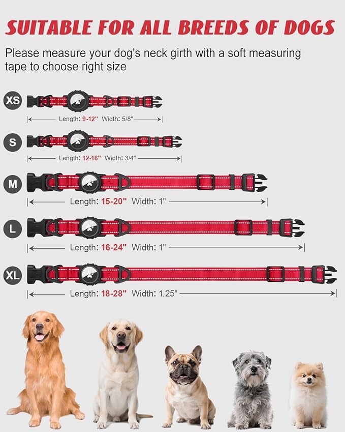 Joytale Airtag Dog Collar, Reflective Pet Collar with Waterproof AirTag Holder, Dual D-Rings, Soft Padded Adjustable for Medium Dogs, Adjustable Length 15"-20", Red, M