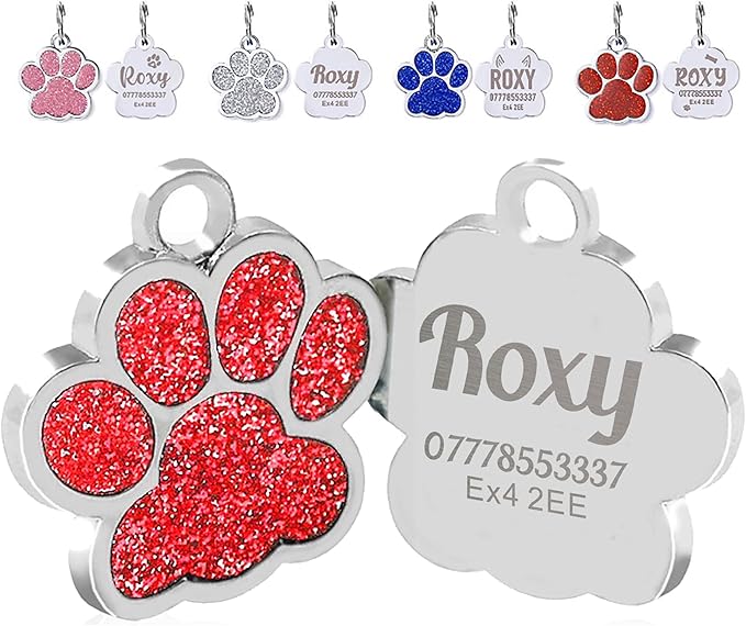 EDSG Cat Dog Tags Personalized for Pets, Dog Name Tags Cat Name ID Tag, Engraved Dog Tags Dog ID Tags Small Glitter Bling ID Tag Paw Print for Cat Pet Dog Puppy(Red,Design 1)