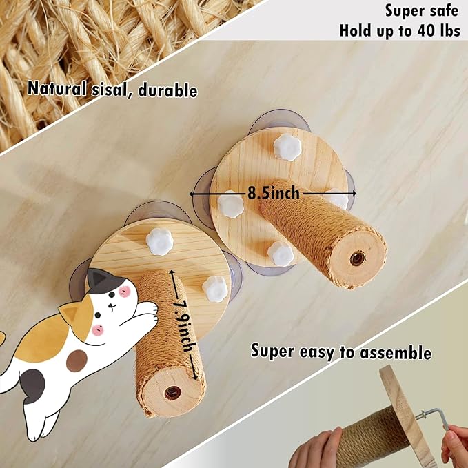 Cat Window Perch with 2 Stairs, Natural Wood, 17'' Wide Hammock, 5 Strong Suction Cups