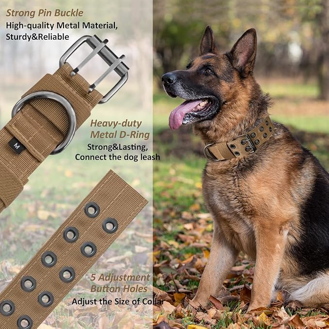 Tactical Dog Collar Military Adjustable Dog Collars Soft Nylon Training Collar with Patch Heavy Duty Metal Buckle Collars for Medium Large Dogs (Brown, XL)
