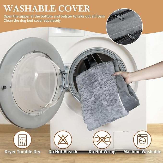 Comfort Expression Orthopedic Dog Bed for Large Dogs 38x25 Inch, Waterproof Supportive Egg Crate Foam Large Pet Bed with Removable Bolsters, Dog Couch with Washable Cover & Non-Slip Bottom, Grey