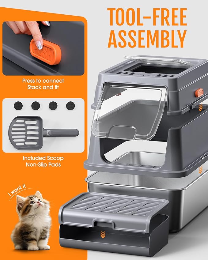 Cat Litter Box - Stainless Steel Litter Box with Lid for Kitty, Metal Base Enclosed Cat Box with Litter Scoop, Elevated Step Box, Activated-Carbon Pack, 23.6" x 15.7" x 15", Grey