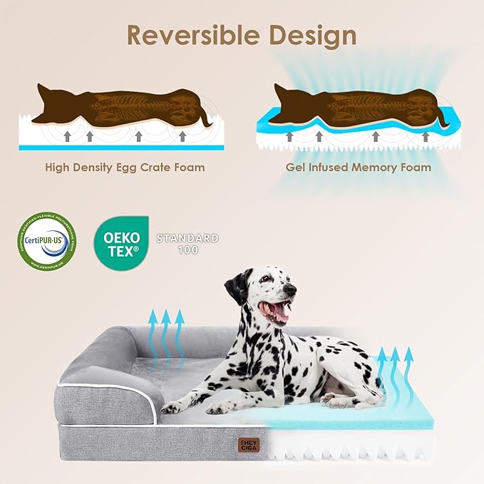 EHEYCIGA Orthopedic Dog Beds for Large Dogs, Waterproof Memory Foam Large Dog Bed with Sides, Non-Slip Bottom and Egg-Crate Foam Pet Couch Bed with Washable Removable Cover, Grey