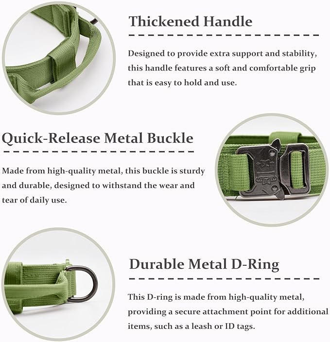Tactical Dog Collar, Adjustable Military Training Nylon Dog Collar with Control Handle and Heavy Quick-Release Metal Buckle for Small Medium Large Dogs, Green L